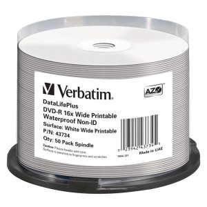 DVD-R 4,7 GB Verbatim 16x Speed DataLifePlus Wide Inkjet printable (fullprintable) WATERPROOF NO ID Brand in Cakebox 50-pack