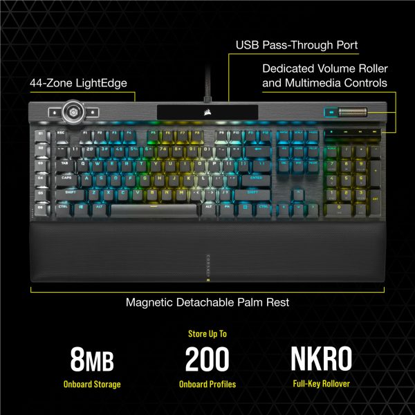 Corsair K100 RGB Optical-Mechanical Gaming - Standard - USB - Opto-mechanical key switch - QWERTZ - RGB LED - Black - Image 14