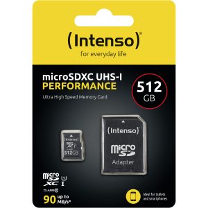Intenso microSD 512GB UHS-I Perf CL10| Performance - 512 GB - MicroSD - Class 10 - UHS-I - Class 1 (U1) - Shock resistant - Temperature proof - Waterproof - X-ray proof