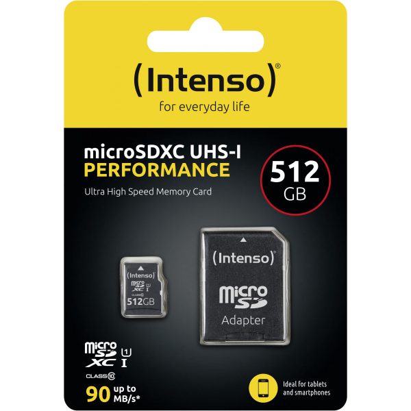 Intenso microSD 512GB UHS-I Perf CL10| Performance - 512 GB - MicroSD - Class 10 - UHS-I - Class 1 (U1) - Shock resistant - Temperature proof - Waterproof - X-ray proof